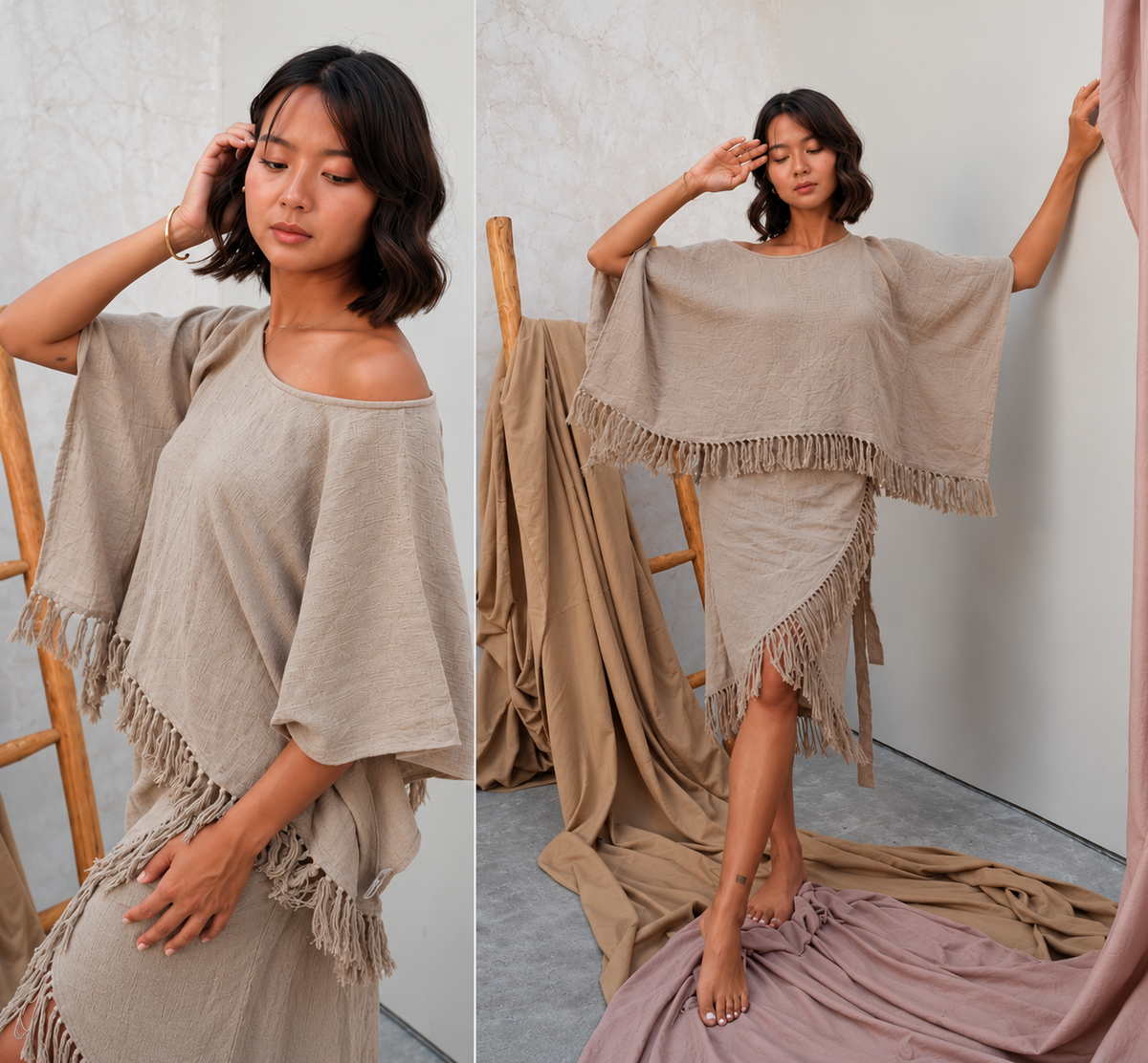 Asian model modelling tassel top and skirt